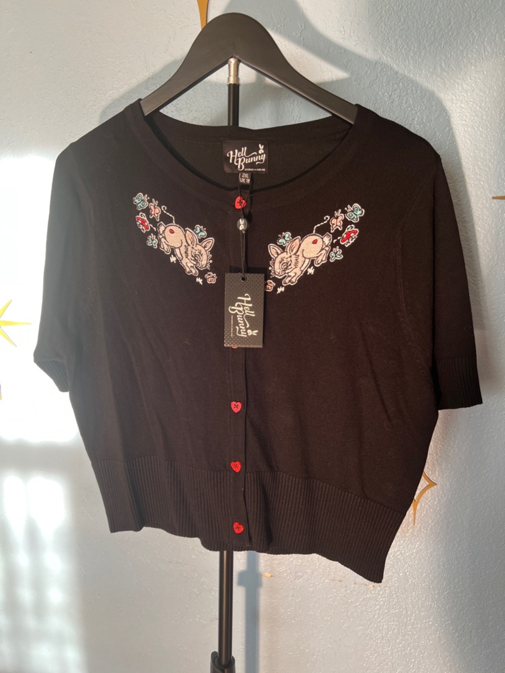 Hell Bunny Black Short Sleeve Cardigan with Embroidered Bunnies